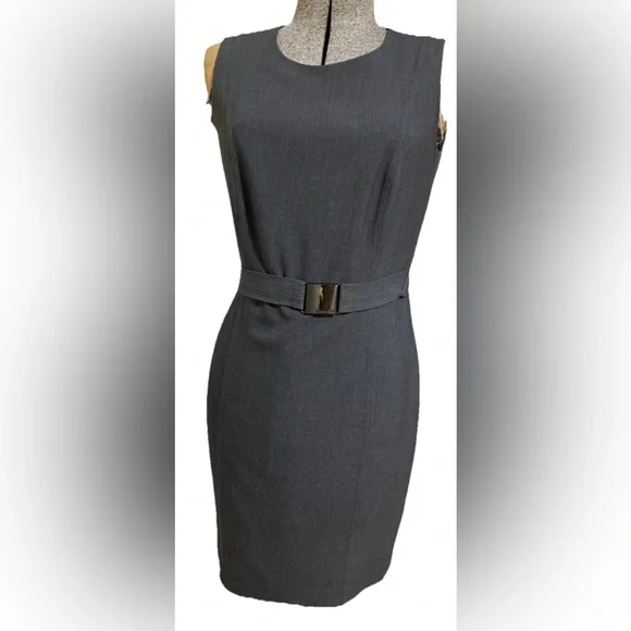 Calvin Klein | Dresses | Calvin Klein Size 4p Grey Sleeveless Shift Dress  With Logo Metal Buckle Belt | Poshmark